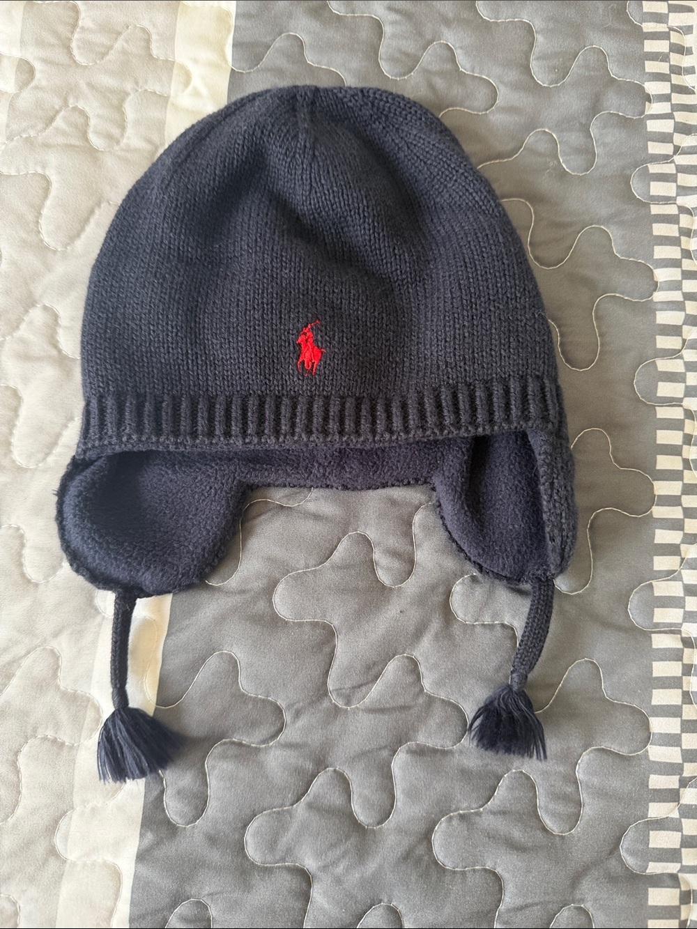 Ralph Lauren Navy Knit Earflap Hat with Red Pony